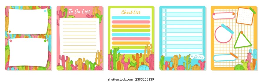 Notepaper lined or grid Notepad set with cacti. Weekly daily planner, note paper, to do list, memo organizer, sticker page collection. Stationery copybook frame template. Isolated vector illustration