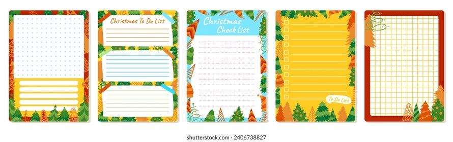 Notepaper lined or grid Notepad set with Christmas tree design. Weekly daily planner, note paper, to do list page collection. Stationery copybook frame with xmas pine. Isolated vector illustration