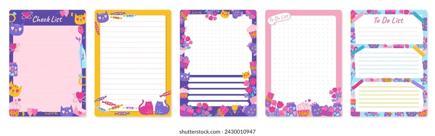 Notepaper lined or grid Notepad set with Valentine's Day elements design. Weekly daily planner, note paper, to do list page kit. Stationery copybook frame with romantic drawings vector illustration