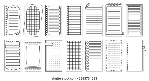 Conjunto de esquema de Bloc de notas alineado o de Bloc de notas de cuadrícula. Planificador diario en blanco semanal, papel de nota para hacer lista, colección de páginas de plantillas de stickers. Planificación de elementos del libro de texto de creación de plantillas. Ilustración vectorial aislada