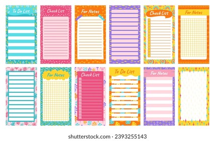Notepaper lined set with abstract and floral doodle ornament. Blank weekly gridded daily planner, note paper, to do list, trendy sticker template collection. Template sheets for textbook, copybook