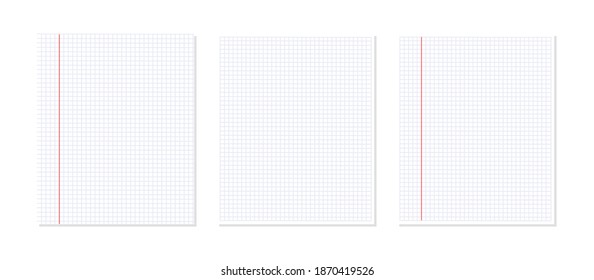Notepaper with margin in grid. Vector flat illustration. School concept. Notebook paper sheets isolated on white background.