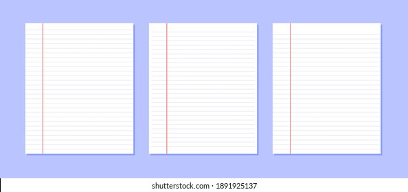 Notepaper With Margin In Line. Vector Flat Illustration. School Concept. Notebook Paper Sheets Isolated On Purple Background.