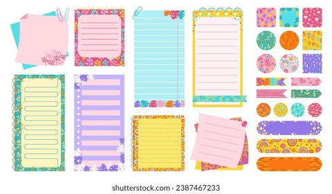 Notepaper page, bookmark and sticker set with abstract pattern design. Stationery elements for planning. Weekly daily blank planner, note checklist, sticky template page. Isolated vector illustration