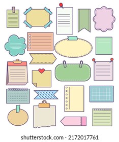 Notepapers sketches. Notepad sketch stickers, note paper pieces, cartoon pastel color school notepaper reminders, pinned memo doodles isolated on white background, vector illustration