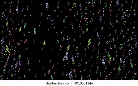 Notes, Bass and Treble Clefs on Black Background. Colorful Music Symbols on Dark. Vector