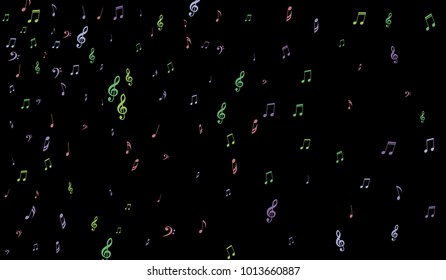 Notes, Bass and Treble Clefs on Black Background. Colorful Music Symbols on Dark. Vector