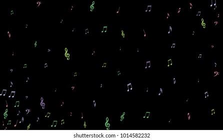 Notes, Bass and Treble Clefs on Black Background. Colorful Music Symbols on Dark. Vector