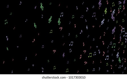 Notes, Bass and Treble Clefs on Black Background. Colorful Music Symbols on Dark. Vector