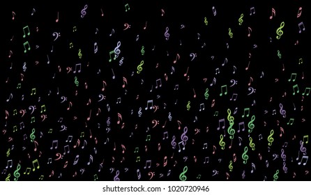 Notes, Bass and Treble Clefs on Black Background. Colorful Music Symbols on Dark. Vector