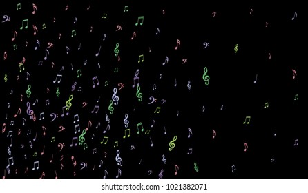 Notes, Bass and Treble Clefs on Black Background. Colorful Music Symbols on Dark. Vector