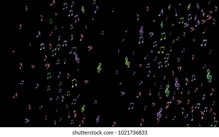 Notes, Bass and Treble Clefs on Black Background. Colorful Music Symbols on Dark. Vector