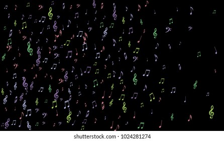 Notes, Bass and Treble Clefs on Black Background. Colorful Music Symbols on Dark. Vector