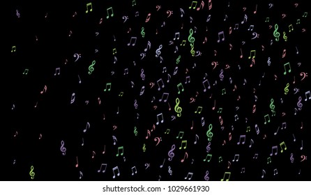Notes, Bass and Treble Clefs on Black Background. Colorful Music Symbols on Dark. Vector