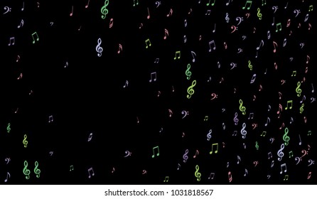 Notes, Bass and Treble Clefs on Black Background. Colorful Music Symbols on Dark. Vector