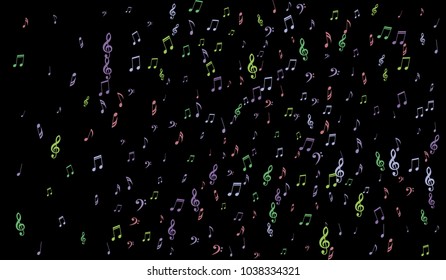 Notes, Bass and Treble Clefs on Black Background. Colorful Music Symbols on Dark. Vector