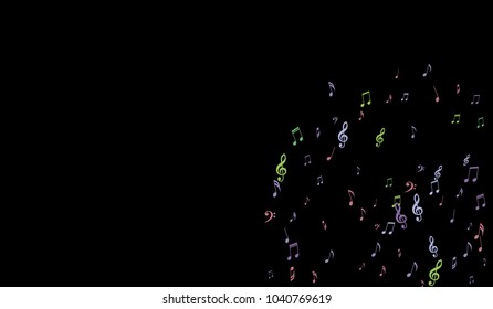 Notes, Bass and Treble Clefs on Black Background. Colorful Music Symbols on Dark. Vector