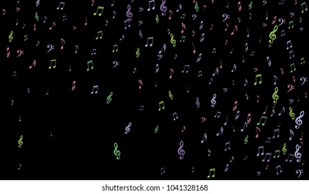 Notes, Bass and Treble Clefs on Black Background. Colorful Music Symbols on Dark. Vector