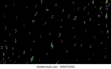 Notes, Bass and Treble Clefs on Black Background. Colorful Music Symbols on Dark. Vector