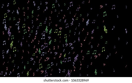 Notes, Bass and Treble Clefs on Black Background. Colorful Music Symbols on Dark. Vector