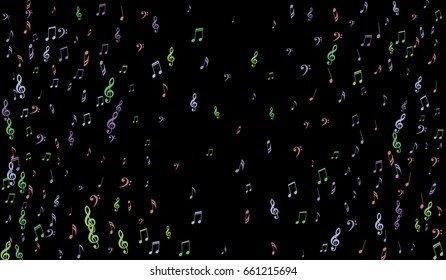 Notes, Bass and Treble Clefs on Black Background. Colorful Music Symbols on Dark. Vector