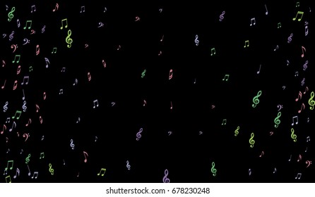 Notes, Bass and Treble Clefs on Black Background. Colorful Music Symbols on Dark. Vector