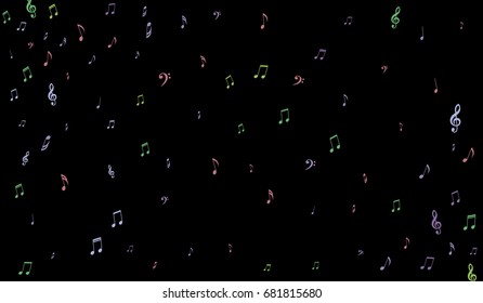 Notes, Bass and Treble Clefs on Black Background. Colorful Music Symbols on Dark. Vector