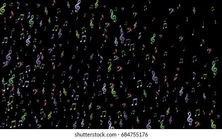 Notes, Bass and Treble Clefs on Black Background. Colorful Music Symbols on Dark. Vector