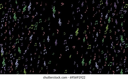 Notes, Bass and Treble Clefs on Black Background. Colorful Music Symbols on Dark. Vector