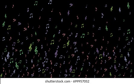 Notes, Bass and Treble Clefs on Black Background. Colorful Music Symbols on Dark. Vector