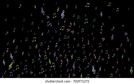 Notes, Bass and Treble Clefs on Black Background. Colorful Music Symbols on Dark. Vector