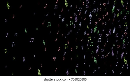 Notes, Bass and Treble Clefs on Black Background. Colorful Music Symbols on Dark. Vector
