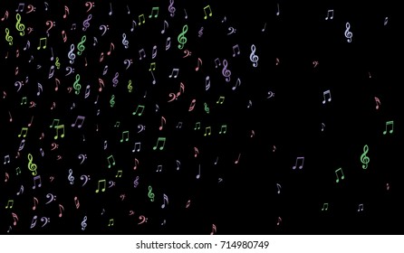 Notes, Bass and Treble Clefs on Black Background. Colorful Music Symbols on Dark. Vector