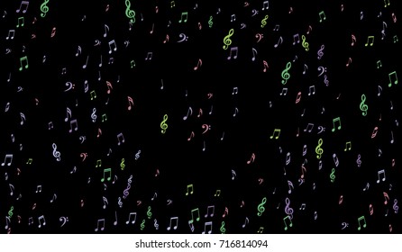 Notes, Bass and Treble Clefs on Black Background. Colorful Music Symbols on Dark. Vector