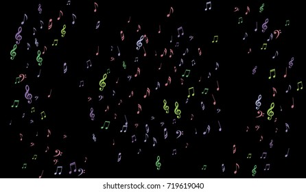 Notes, Bass and Treble Clefs on Black Background. Colorful Music Symbols on Dark. Vector
