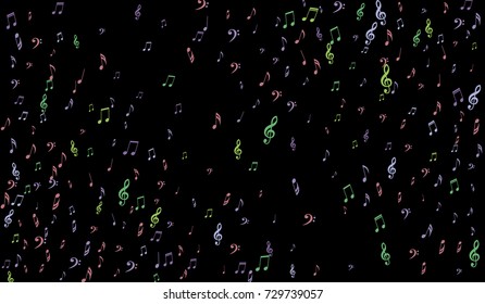 Notes, Bass and Treble Clefs on Black Background. Colorful Music Symbols on Dark. Vector