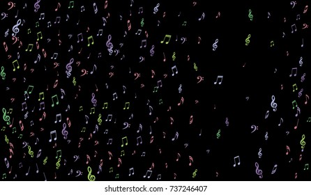 Notes, Bass and Treble Clefs on Black Background. Colorful Music Symbols on Dark. Vector
