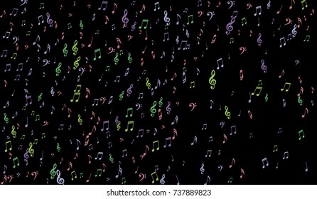 Notes, Bass and Treble Clefs on Black Background. Colorful Music Symbols on Dark. Vector