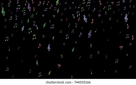 Notes, Bass and Treble Clefs on Black Background. Colorful Music Symbols on Dark. Vector