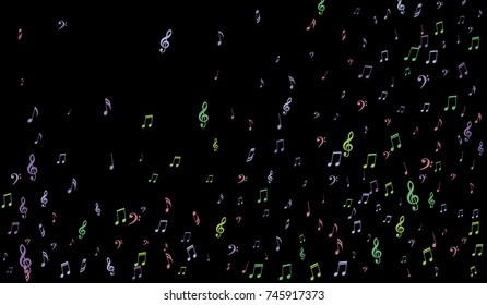 Notes, Bass and Treble Clefs on Black Background. Colorful Music Symbols on Dark. Vector