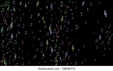 Notes, Bass and Treble Clefs on Black Background. Colorful Music Symbols on Dark. Vector