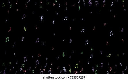 Notes, Bass and Treble Clefs on Black Background. Colorful Music Symbols on Dark. Vector