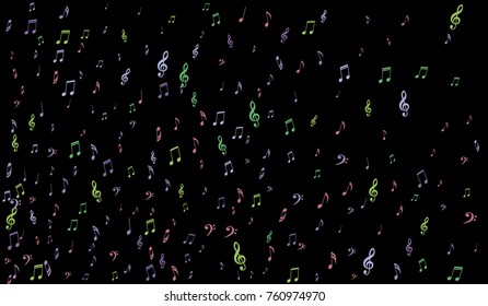 Notes, Bass and Treble Clefs on Black Background. Colorful Music Symbols on Dark. Vector