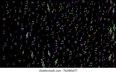 Notes, Bass and Treble Clefs on Black Background. Colorful Music Symbols on Dark. Vector