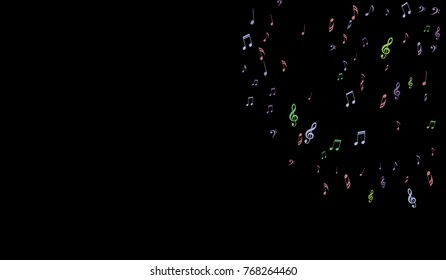 Notes, Bass and Treble Clefs on Black Background. Colorful Music Symbols on Dark. Vector