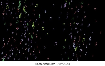 Notes, Bass and Treble Clefs on Black Background. Colorful Music Symbols on Dark. Vector