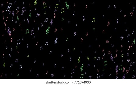 Notes, Bass and Treble Clefs on Black Background. Colorful Music Symbols on Dark. Vector