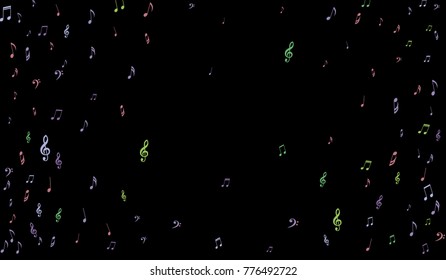 Notes, Bass and Treble Clefs on Black Background. Colorful Music Symbols on Dark. Vector