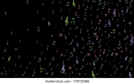 Notes, Bass and Treble Clefs on Black Background. Colorful Music Symbols on Dark. Vector