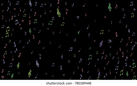 Notes, Bass and Treble Clefs on Black Background. Colorful Music Symbols on Dark. Vector